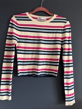 Zara Cream Navy Pink Striped Long Sleeve Top
